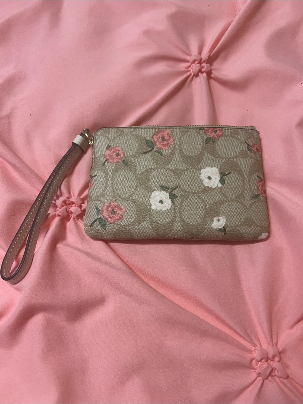 Coach Floral Signature Canvas Wristlet in Pink and Tan